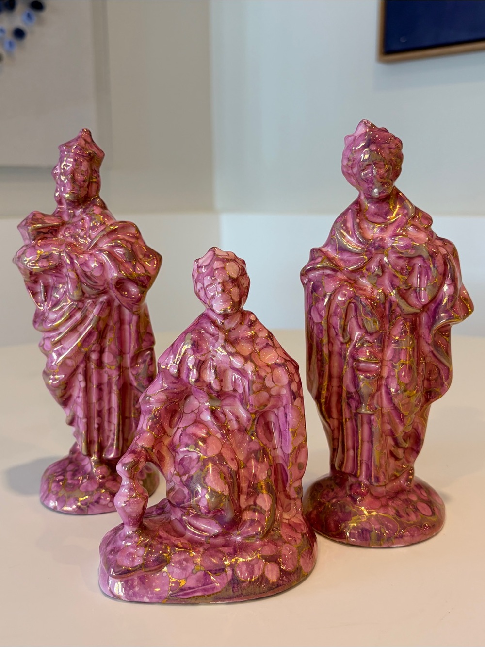 Eclectic Pink Gold Ceramic Wise Men Figurines Art Pottery Collectible Set